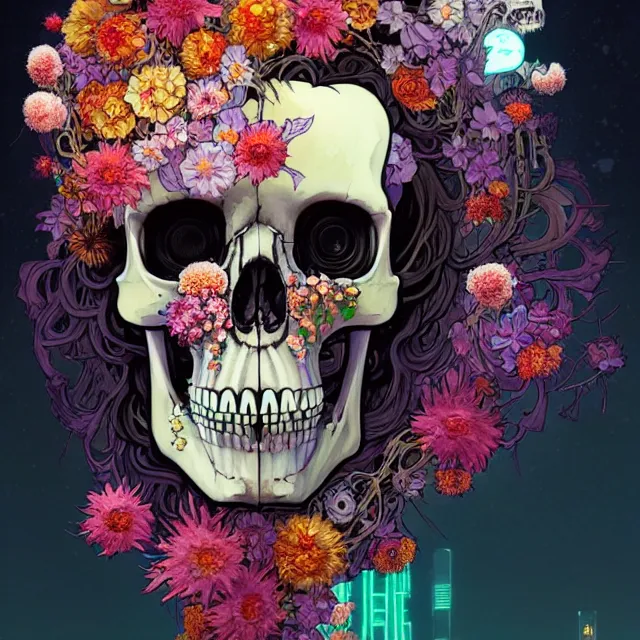Prompt: a beautiful portrait painting of a cyberpunk skull covered with flowers by simon stalenhag and pascal blanche and alphonse mucha and nekro and josan gonzalez. in style of digital art. colorful comic, film noirs, symmetry, brush stroke, vibrating colors, hyper detailed. octane render. trending on artstation