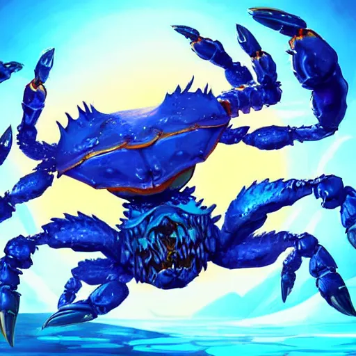 Prompt: blue giant ((crab monster)) with giant crab claws, giant crab claws fantasy digital art, magical background in the style of hearthstone artwork