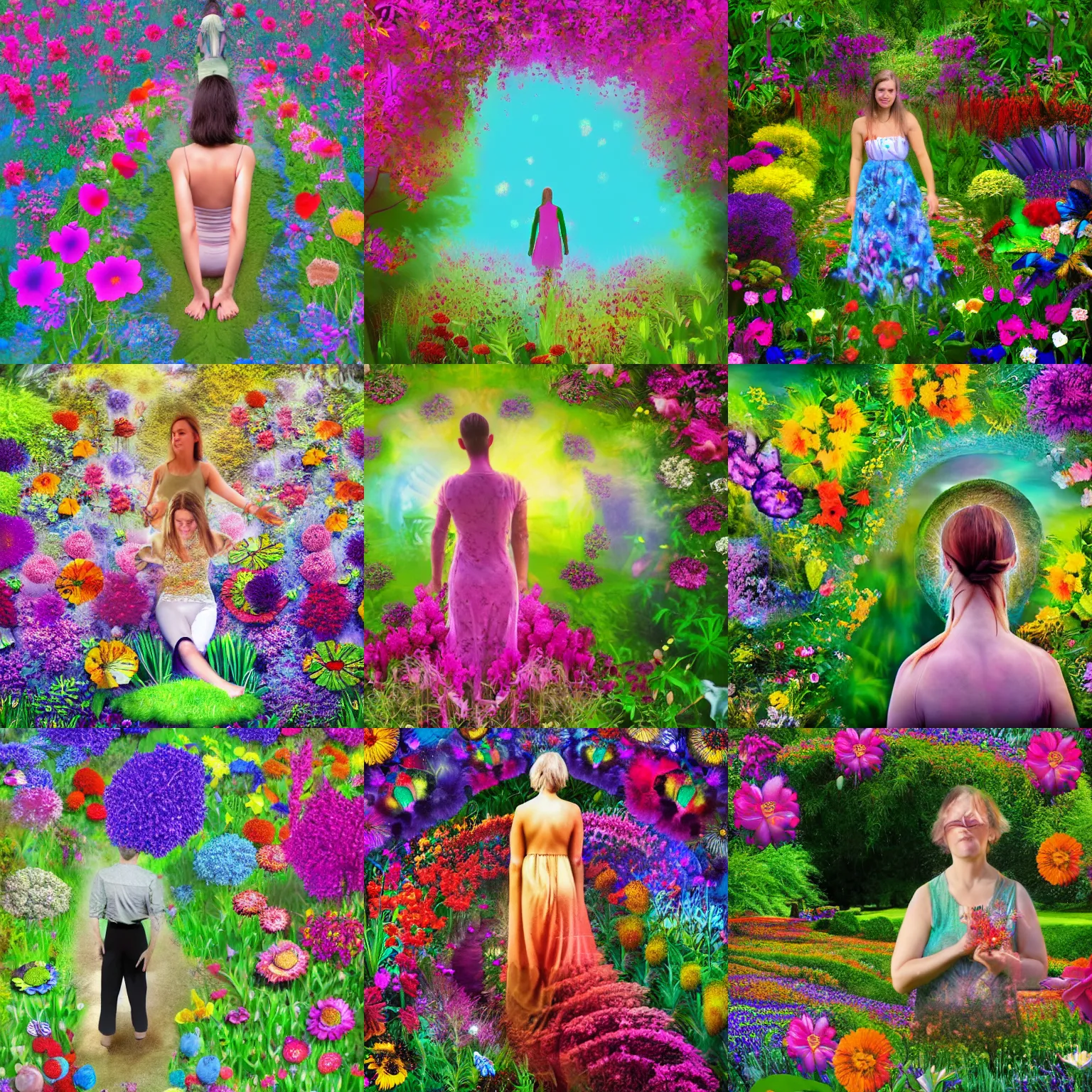 Prompt: a person becoming one with nature in a magically flower garden, award winning digital art, inspiring, by margaret scobie, 8 k