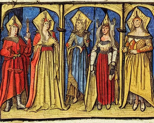 Image similar to lancelot and the four queens, medieval illustration,