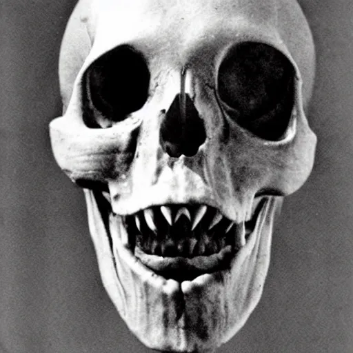 Image similar to alien looking, skull like, big forehead, horrifying, killer, creepy, dead, monster, tall, skinny, open mouth, deathly, old photo, turning yellow