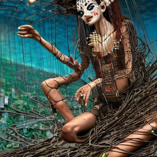 Image similar to piles of modular synth cables mixed with mangrove roots and old video game consoles, kawaii puerto rican goddess chilling out wearing a headpiece made of circuit boards, by cameron gray, wlop, stanley kubrick, masamune, hideki anno, jamie hewlett, unique perspective, trending on artstation, 3 d render, vivid