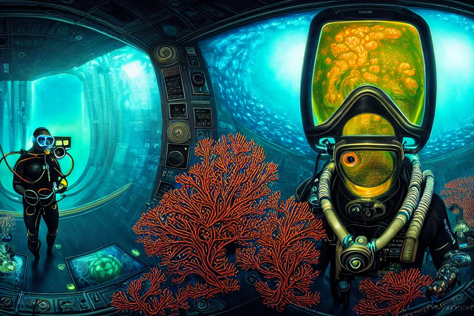 Prompt: detailed portrait of a cyberpunk scuba diver inside a dmt portal, cinematic lighting, corals, big mirrors, stacked computer screens, science lab, fish eye lens, wide angle, memory hole, 8 k high resolution, by james r eads and tomasz alen kopera