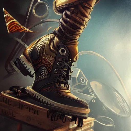 Image similar to high sneaker concept art, steampunk, sharp focus, illustration, concept art by tooth wu