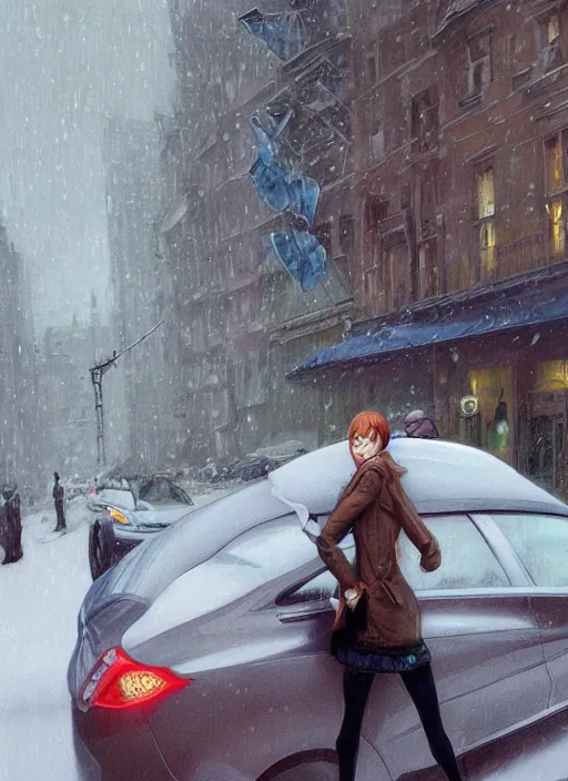 Image similar to ultra realistic illustration, emma stone getting out of a taxi in winter, intricate, elegant, highly detailed, digital painting, artstation, concept art, smooth, sharp focus, illustration, art by artgerm and greg rutkowski and alphonse mucha