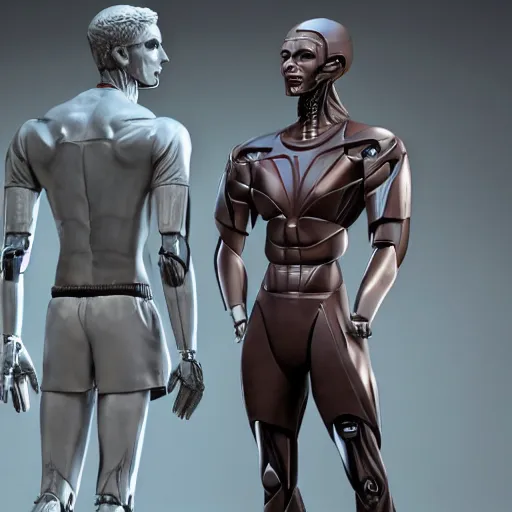 Image similar to a realistic detailed photo of a guy who is an attractive humanoid who is half robot and half humanoid, who is a male android, attractive and handsome soccer players, shiny skin, posing like a statue, blank stare, in a factory, on display, showing off his muscles, wearing soccer shorts, side view, looking at each other mindlessly