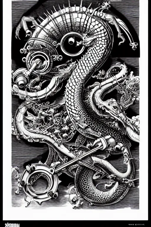 Image similar to hyper realistic dragon with steam punk tanks and tubes and breathing apparatus on its back, white background, full frame, art by james o barr and albrecht durer, surreal woodblock print, black and white, vector, vector art