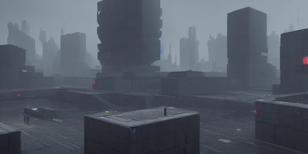 Image similar to dreary dark grey dystopia ruled by nintendo, brutalist, totalitarian architecture, gaming, mario, fun, oppression, artstation 8 k octane engine unreal engine professional art