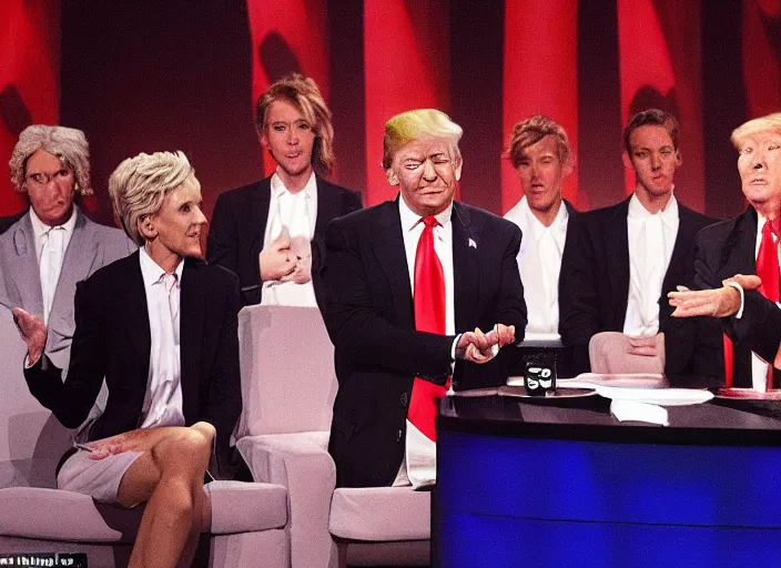Image similar to dobby donald trump cult initiation ritual on stage stage of the elen degeneres show, detailed facial expression