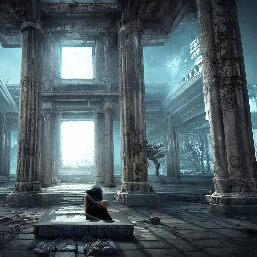 Prompt: scary ghost staying in the middle of abandoned huge temple, matte painting, hyper realistic render, cryengine, unreal engine, cyberpunk, dark art, digital art