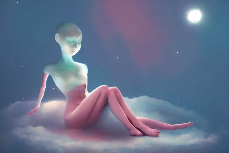 Image similar to a cute alien girl sitting on a cloud relaxing, misty, glows, digital art, hazy, foggy, red lighting, ambient lighting, 8 k,