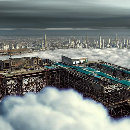 Image similar to ancient hi tech sci fi industrial superstructure standing above the clouds with an abandoned city on top, photograph, derelict, hyperrealism, megastructure