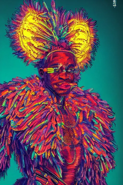 Image similar to detailed full body concept illustration of an African male with body augmentations, strong neon lighting, Afrofuturism, extravagant feathered collar, by glenn fabry, hyper realistic, HD, oil on canvas