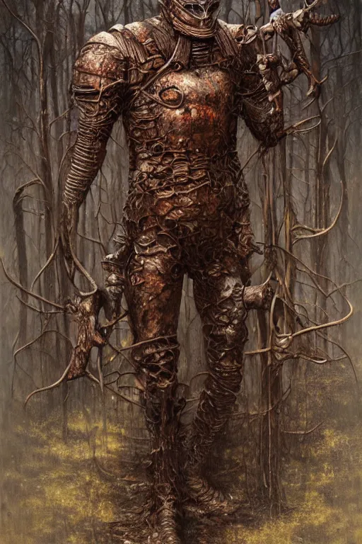 Image similar to a rusted swamp knight contorted with wood and sludge by tomasz alen kopera.