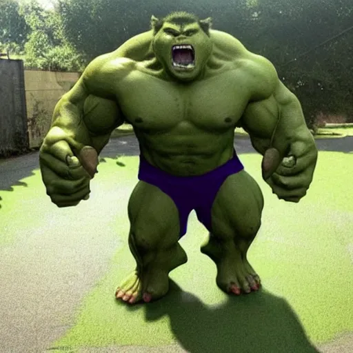 Prompt: hulk cat, big green muscular cat, demanding food from its owner