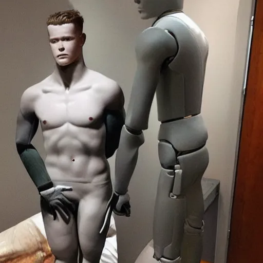 Image similar to “ a realistic detailed photo of a guy who is an attractive humanoid who is half robot and half humanoid, who is a male android, football player christian mccaffrey, shiny skin, posing like a statue, blank stare, on the bed, on display ”