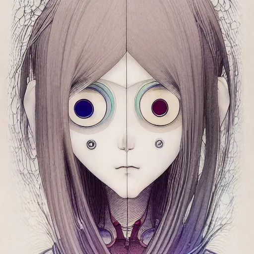 Image similar to prompt: Fragile looking soft light portrait face drawn by Takashi Murakami and Katsuhiro Otomo, inspired by Ghost in Shell anime, magical and alchemical objects on the side, soft light, monochrome background, intricate detail, intricate ink painting detail, sharp high detail, manga and anime 2000