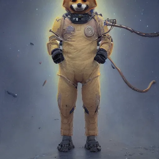 Prompt: realistic anthropomorphic shiba inu, tactical exoskeleton suit, fantasy science fiction, glowing electric aura, by donato giancola and greg rutkowski and wayne barlow and zdzisław beksinski, realistic face, visible face, digital art, artstation, symmetry