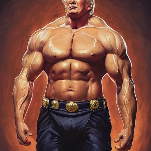 Image similar to “the ultimate gigachad, incredibly muscular Donald Trump, Donald Trump with chiseled jawline, trending on /r/moreplatesmoredates, oil on canvas artstation by J. C. Leyendecker and Edmund Blair Leighton and Charlie Bowater octane render”