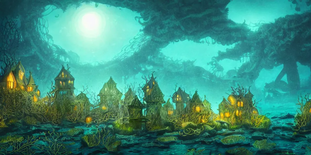 Image similar to nighttime underwater village of carved houses and green kelp and plants and coral under gentle aquatic moonlight, award winning art, epic dreamlike fantasy landscape, art print, science fiction, ultra realistic,