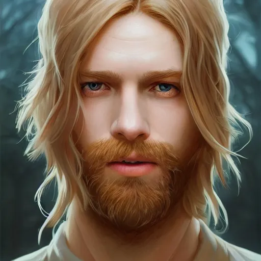 Prompt: symmetry! a detailed close up portrait of a blonde young man with long hair and a short beard, unreal engine, fantasy art by greg rutkowski, loish, rhads, ferdinand knab, makoto shinkai and lois van baarle, ilya kuvshinov, rossdraws, tom bagshaw, caustic lighting, detailed and intricate environment