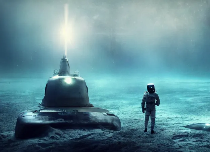 Image similar to astronaut holding a flag in an underwater desert. a submarine is visible in the distance. dark, concept art, cinematic, dramatic, atmospheric, 8 k, trending on artstation, blue, fish, low visibility, fog, ocean floor, christopher nolan, interstellar