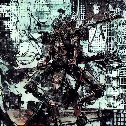 Image similar to hero sitting on a chair holding a sword on his back, looking at a army in the background illustrated by yoji shinkawa, pencil art, extra detail, dynamic, colored, blood, metal swords