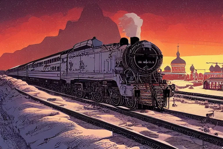 Image similar to trans - siberian express train illustration by joe fenton and syd mead and p. craig russell and barry windsor - smith, artstation, 4 k, graphic novel, concept art, matte painting, beautiful russian winter landscape sunset background, golden hour, art nouveau