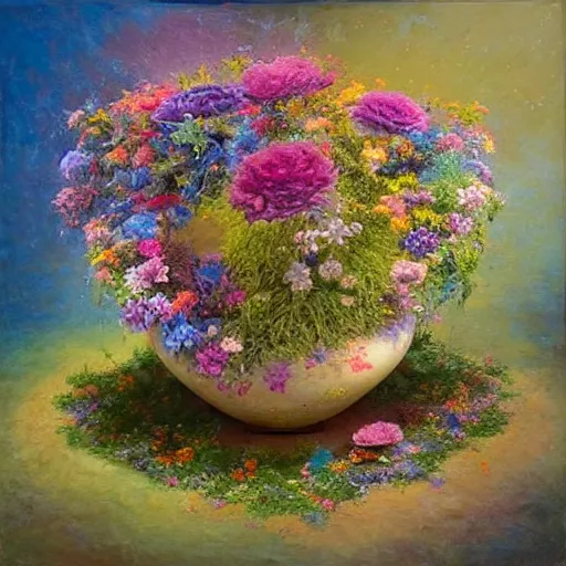 Image similar to This painting is a large canvas, covered in a wash of color. In the center is a cluster of flowers, their petals curling and twisting in on themselves. The effect is ethereal and dreamlike, and the overall effect is one of serenity and peace. kokedama by Nikolina Petolas, by Krenz Cushart, by Syd Mead wondrous