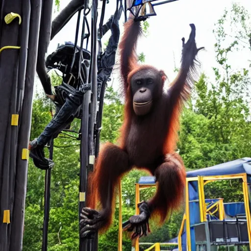 Prompt: publicity photo released by boston dynamics of its prototype robotic orangutan leaping or swinging or climbing in an obstacle - course while engineers are taking notes.