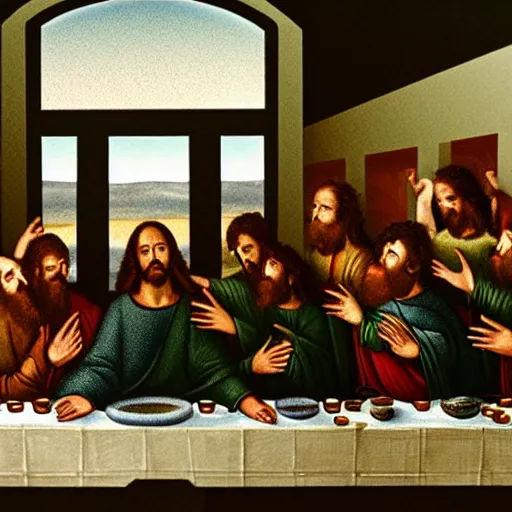 Prompt: the last supper directed by jorodowsky, the sacred mountain aesthetic