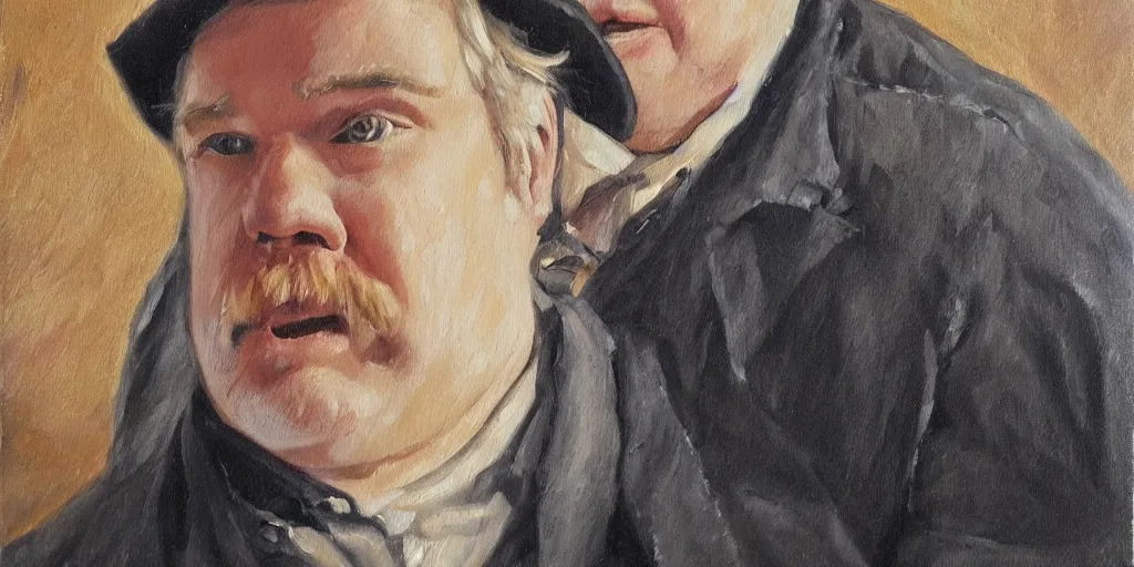 Prompt: oil painting of one Phillip Seymour Hoffman as an old west banker in a busy old west town
