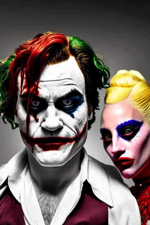 Image similar to joaquin phoenix joker with harley queen lady gaga, photorealistic, ultrarealistic, smooth, 4 k, aesthetic lighting, baroque object, sharp focus, hyperdetailed, professional photography, pullitzer winning, 8 0 0 photo by : canon eos 5 d mark iv, by karah mew and adnan abidi and jodie bateman and ansel adams