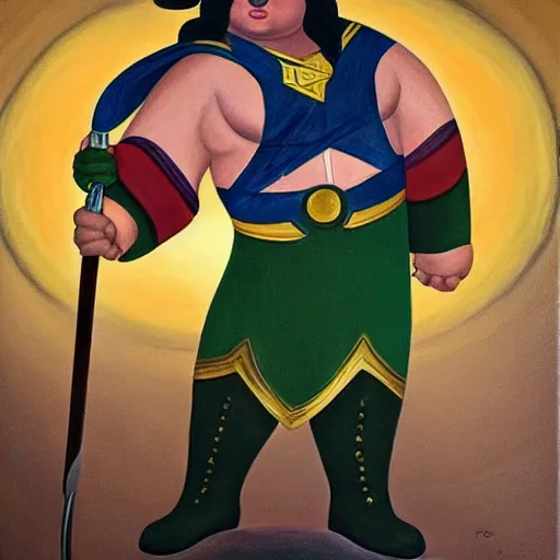 Prompt: Fernando Botero painting of MCU's Loki with his mighty staff, high definition art, extremely detailed