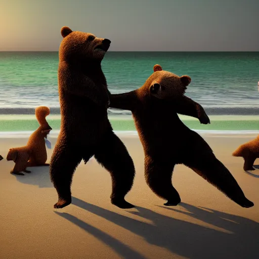 Image similar to Bears dancing at a party at the beach, cinematic, atmospheric, 8k resolution, ArtStation, Hyperrealistic