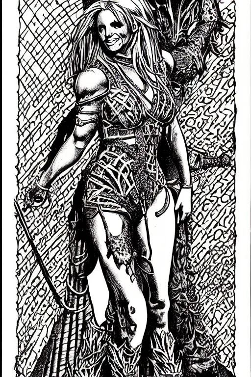 Image similar to britney spears as a d & d monster, full body, pen - and - ink illustration, etching, by russ nicholson, david a trampier, larry elmore, 1 9 8 1, hq scan, intricate details, inside stylized border