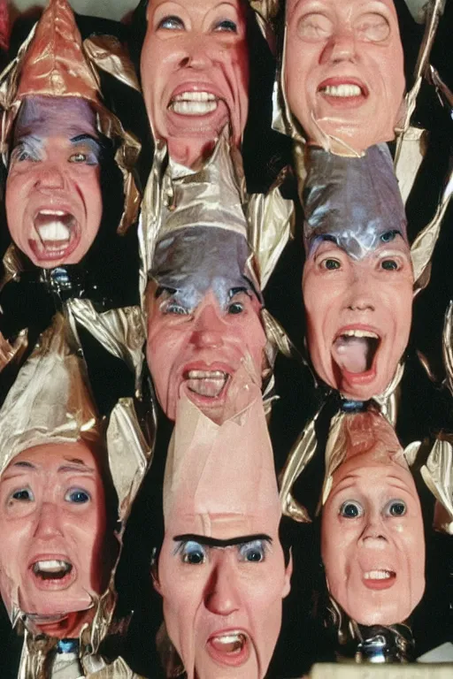 Image similar to coneheads, japanese vhs cover art, detailed facial expressions