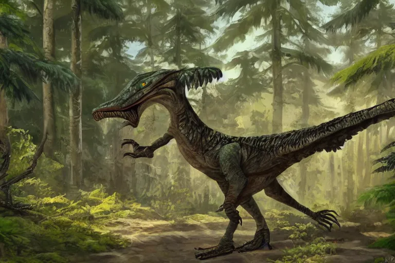 Prompt: highly detailed photograph of a oil raptor in the forest, featured on pixiv