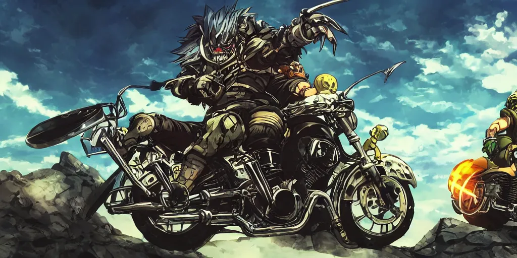 Image similar to high quality anime movie still, motorcycle, stylized action shot of an orc popping a wheelie on a motorcycle, menacing orc, clear focused details, soft airbrushed artwork, black background, apocalyptic, studio ghibli, miyazaki, anime style