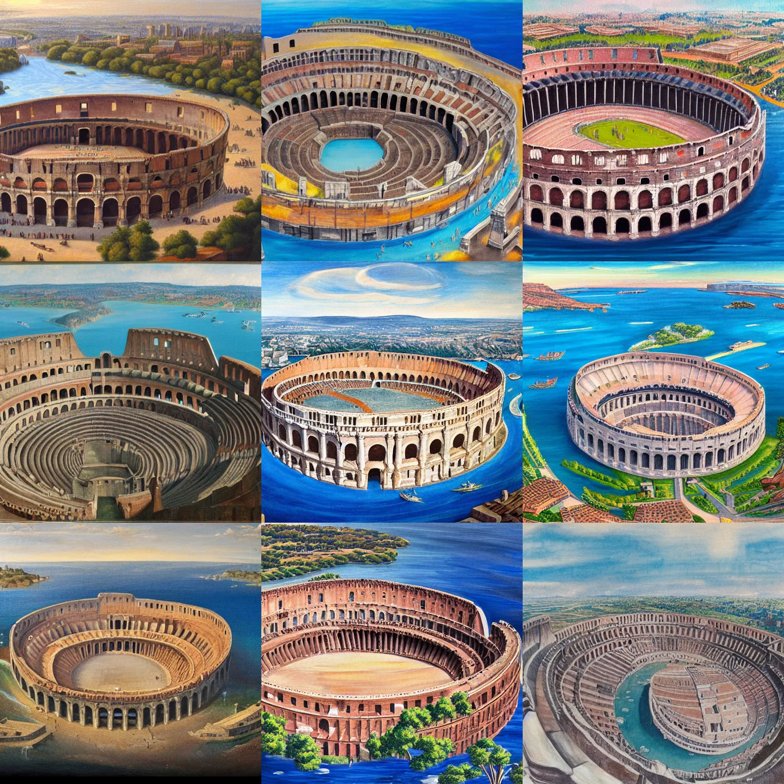 Prompt: a colosseum like arena with it's central arena part surrounded by water, view from the sky, detailed painting, 8 k