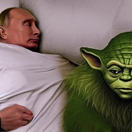 Image similar to putin sleeping in bed next to yoda