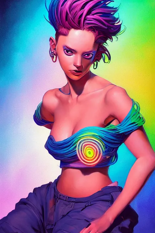 Image similar to a award winning portrait of a beautiful woman with stunning eyes in a one off shoulder croptop and cargo pants with rainbow colored hair, outlined by whirling illuminated neon lines and fine lines swirling in circles by jesper ejsing and rhads and makoto and shinkai and lois van baarle, digital art, trending on artstation