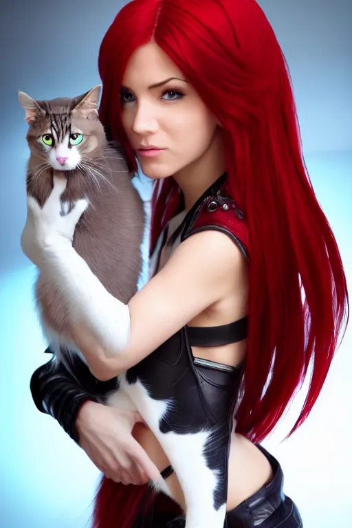 Image similar to Katarina from League of Legends holding a cat, photorealistic full body, studio lighting, white ambient background, highly detailed