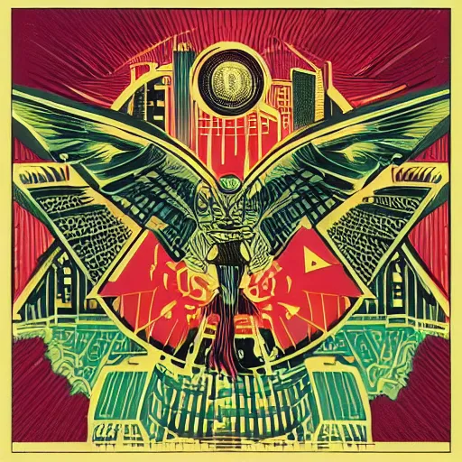 Image similar to Illustrated by Shepard Fairey and H.R. Geiger | Retro futuristic cyberpunk city