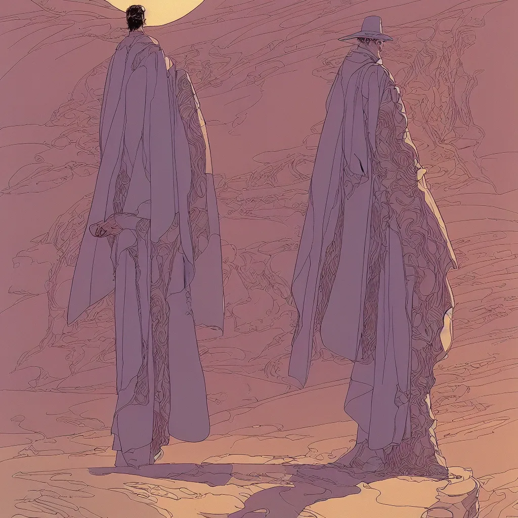 Prompt: a beautiful centered illustration by jean giraud and moebius of a man with a fine cloak white, portarit centered desert, intrincate, super detailed, futurism scheme