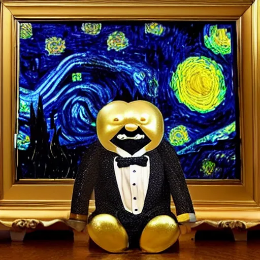 Image similar to in the style of starry night, a tuxedo for a big man with small legs, heart shaped golden mask with white lights for eyes.