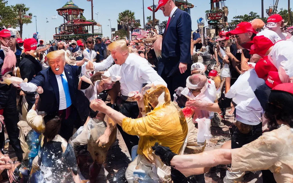 Prompt: donald trump hitting people with pudding, jello stained clothes, golden hour, boardwalk