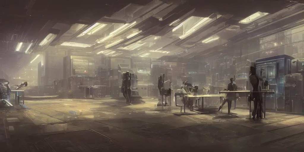 Image similar to a dystopian cyberpunk office interior with huge holographic displays everywhere, ralph maquarrie and syd mead cinematic matte painting, 4 k