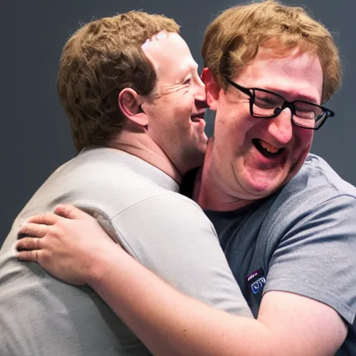 Prompt: Mark Zuckerberg hugging Gabe Newell, photography, realistic, laughing