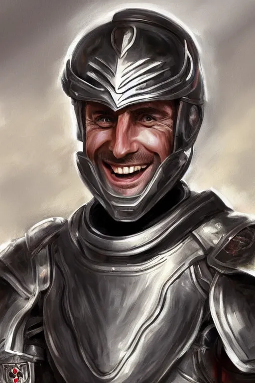 Image similar to emmanuel macron smiling while wearing armour, highly detailed, digital art, sharp focus, trending on art station